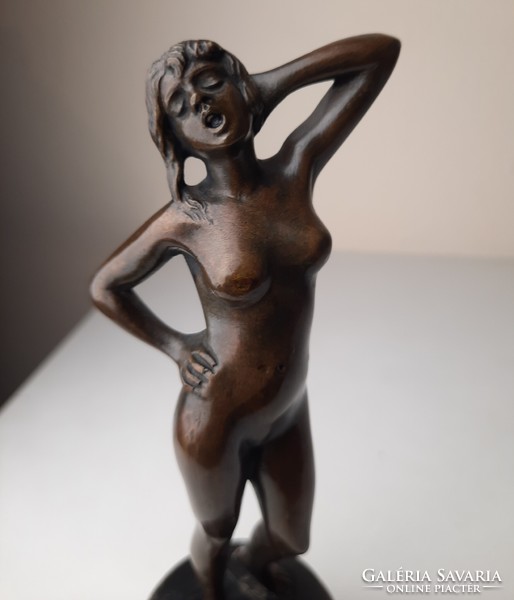 Art deco bronze female nude statue with alabaster base