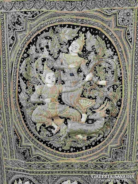 Hindu, Buddhist hand-embroidered (pearls, sequins) antique carpet, kalaga. Ramayana scene is not touristic