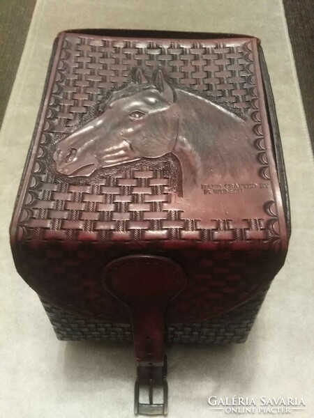 Handcrafted motorcycle side bag with horse decor