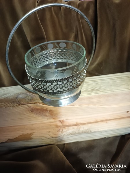 Retro/metal base, engraved, glass sugar bowl