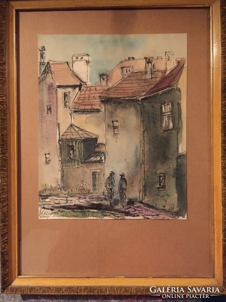 Simon Iván: Kőszegi vár melletti házak 1963,junius- akvarell, tus, papíron