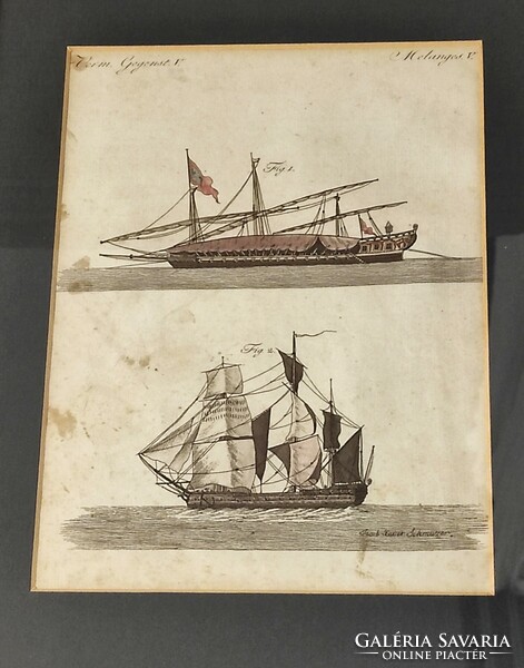 Two ships: galley and frigate; colored copperplate in frame, jacob xaver schmuzer (1713-1775).