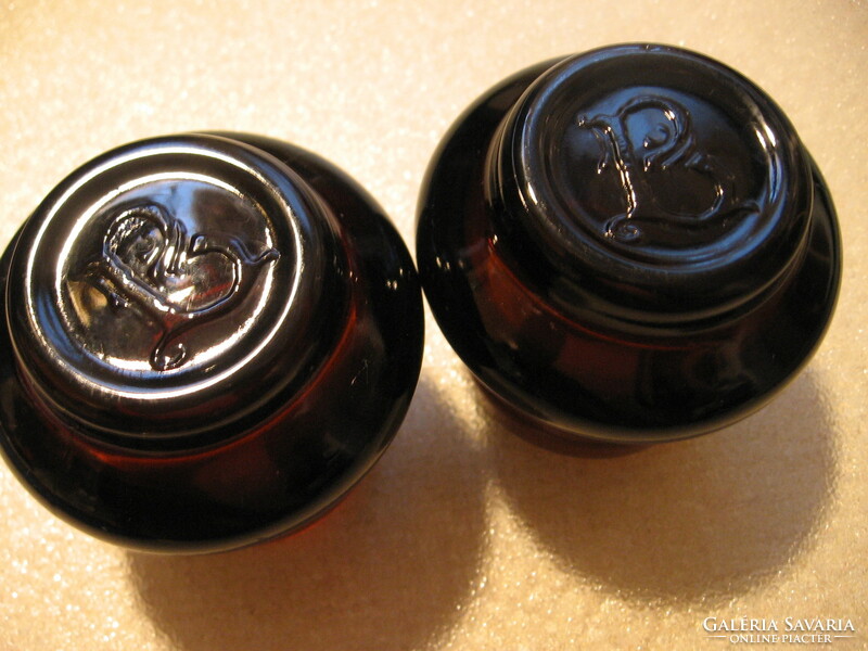Antique dark brown glass candle holder, apothecary jar, table spice holder pair b