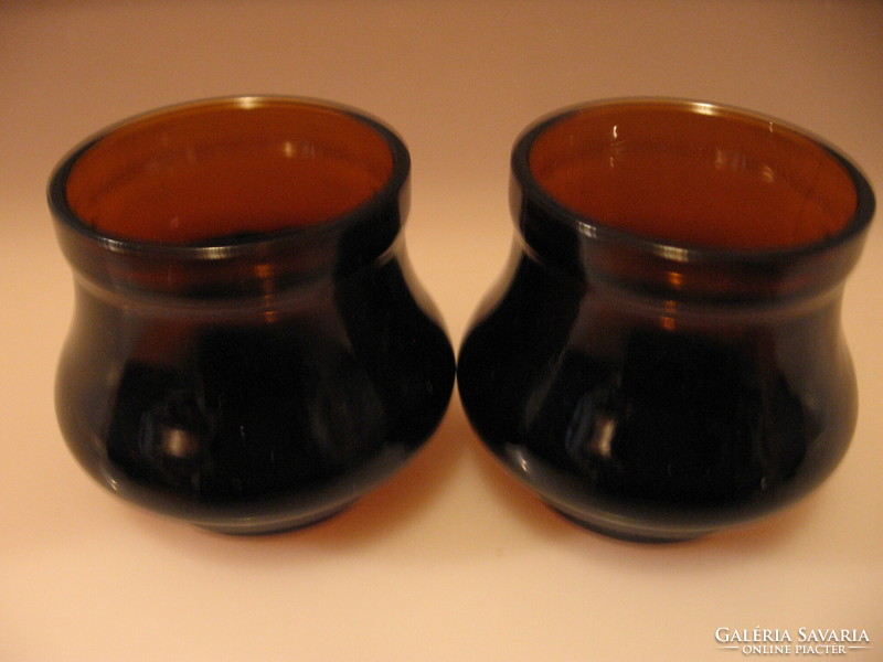 Antique dark brown glass candle holder, apothecary jar, table spice holder pair b