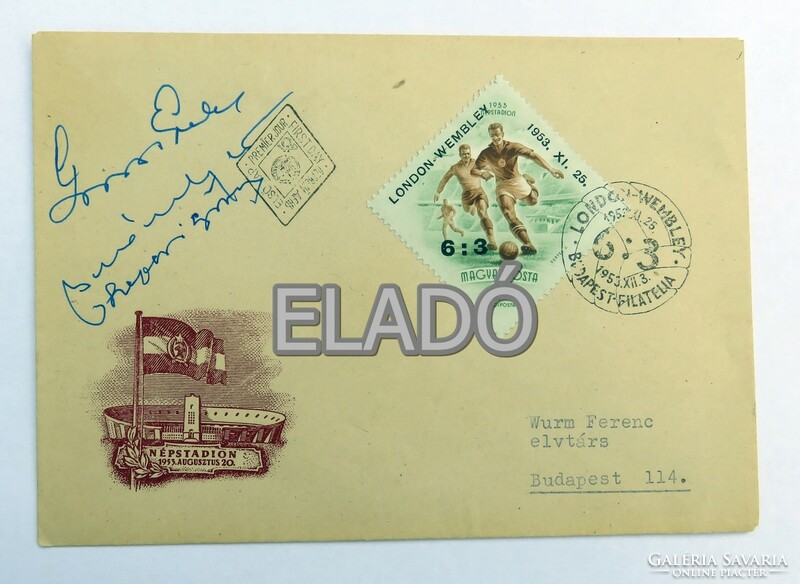 1953 Aranycsapat angol-magyar dedikált emlékboríték alkalmi bélyegzéssel, aznapi bélyeggel