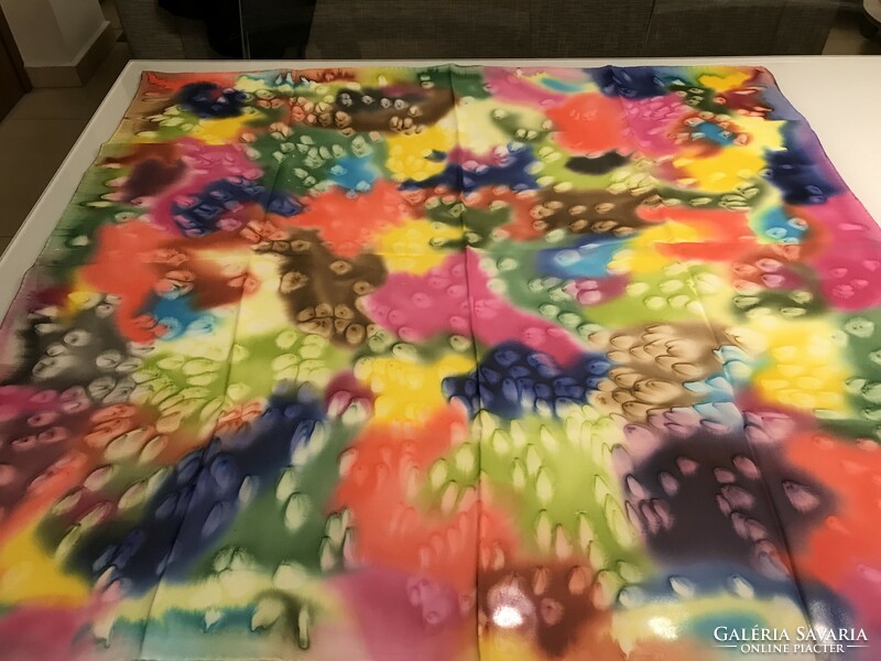 Hand-dyed silk scarf with all the colors of the rainbow, 85 x 80 cm