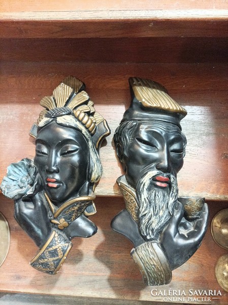 XIX. Century Chinese wood carving, masks in pairs, 40 cm in size.