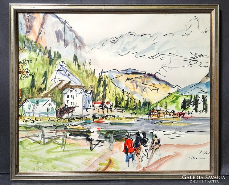 Walking in the mountains (painting in a silver frame) Alpine village? With a lake - signed portrait, landscape