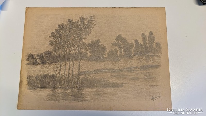 Kázmér Wosinsky: riverbank pencil drawing (kismarton 1895-1967 sopron)