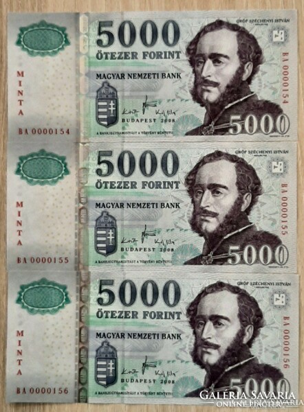 5.000- Forintos MINTA bankjegy 2008-as évjáratú UNC alacsony sorszám követő 3-db egyben!