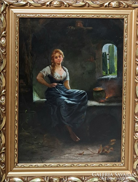Borsodi Kálmán: Lány a tűz mellett - Antik, 19. századi zsánerkép