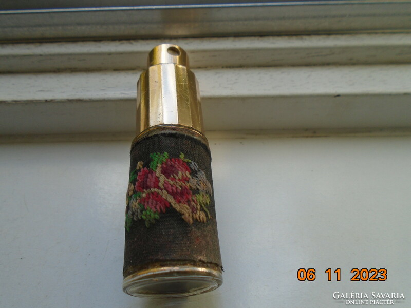 1950 West-Germany tapestry and gilded metal cover atomizer steam glass for travel