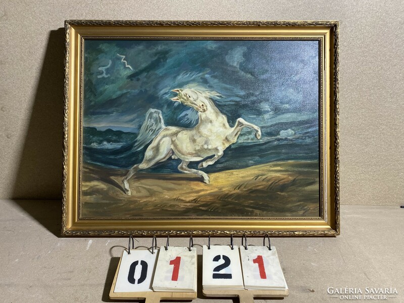 Luttak Mihály olaj, vászon, festmény, megvadult ló, 80 x 60 cm-es