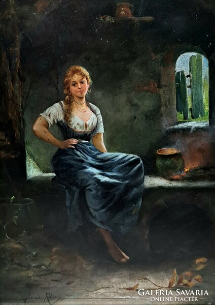 Kálmán Borsodi: girl by the fire - antique, 19th century genre picture