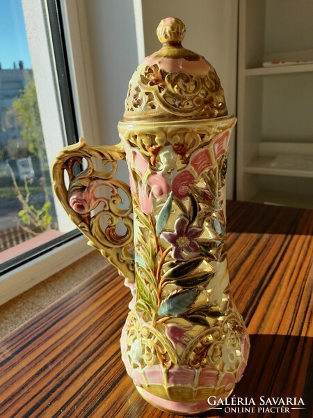 Zsolnay Rococo series decorative ceramic jug with lid, 1892