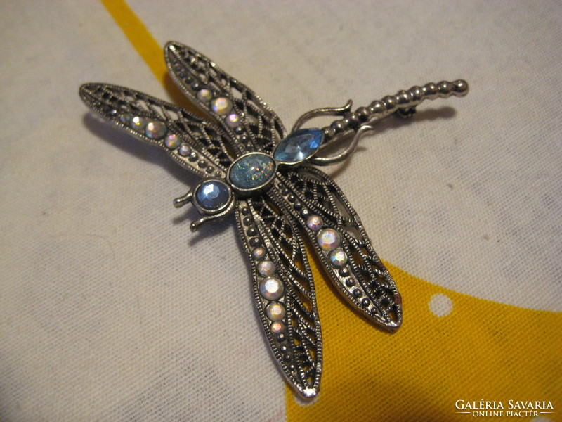 Antique dragonfly brooch, silver-plated, with stones, 7 x 6 cm