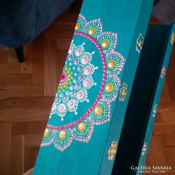 ÚJ! Türkiz fa papírzsebkendő tartó mandala díszítéssel, kézzel festett