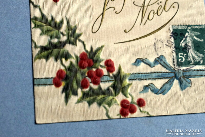 Antik dombornyomott Karácsonyi üdvözlő képeslap - magyalág  1908ból