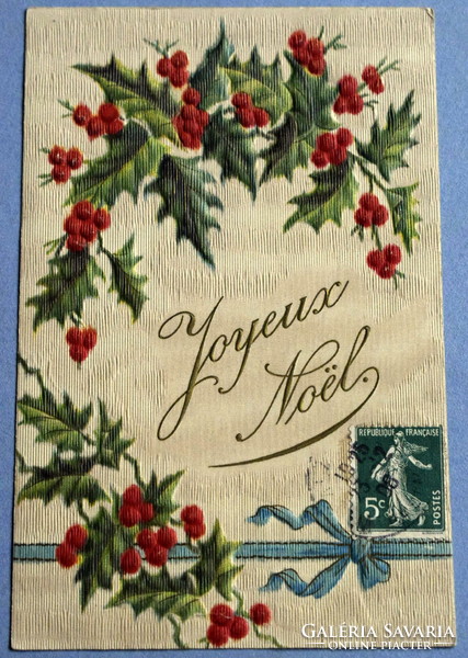 Antique embossed Christmas greeting card - holly branch from 1908