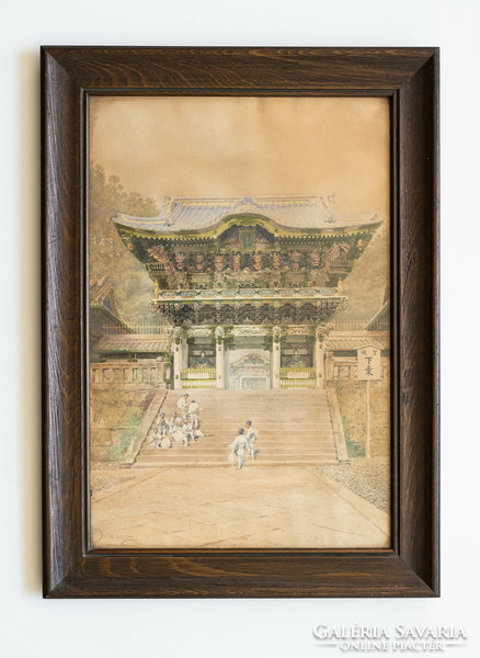 A Yomeimon kapu a Tosho-gu szentélynél, Nikko-ban - Japán akvarell kép - Bunsai Loki szignóval