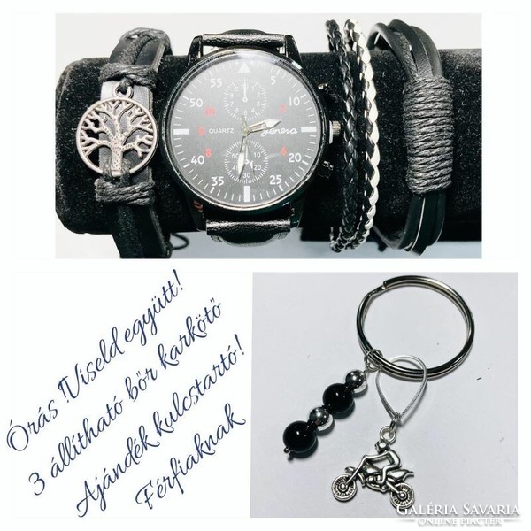 Men's watch and 3-piece adjustable leather bracelet 