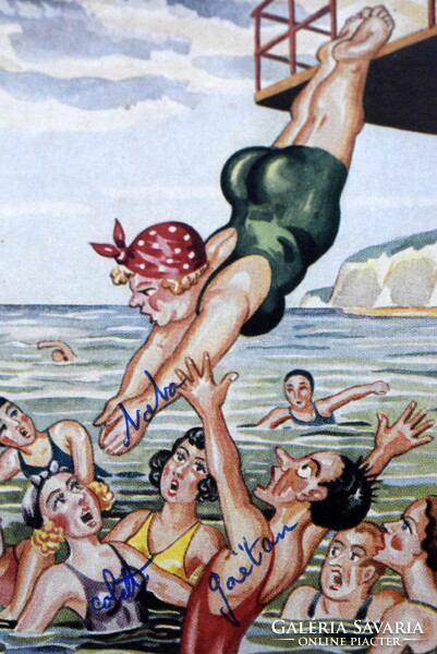 Régi humoros  litho művész  képeslap -  fürdőző hölgyek