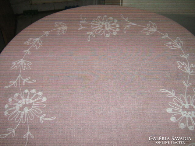 Fabulous white floral huge oval pink festive tablecloth