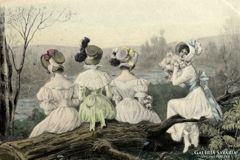 Antique mm vienne hand-colored graphic greeting card - hiking ladies resting on a tree trunk