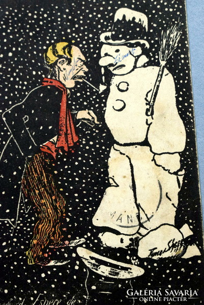 Old humorous graphic postcard with a snowman