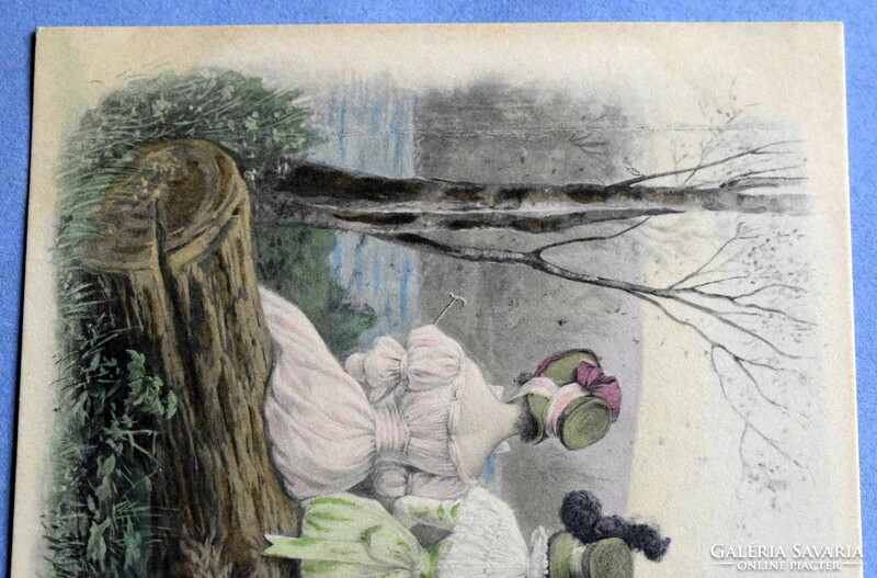 Antik MM Vienne  kézzel színezett grafikus üdvözlő képeslap - kiránduló hölgyek fatörzsön pihennek