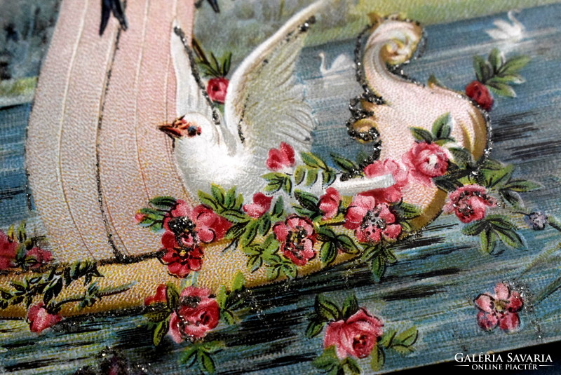 Antik dombornyomott üdvözlő glitteres litho képeslap -csónak rózsák madarak 1908ból