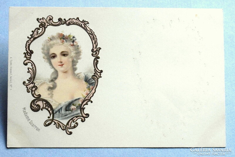 Antique artist litho postcard Madame Scarron portrait of a noble lady in a convex frame