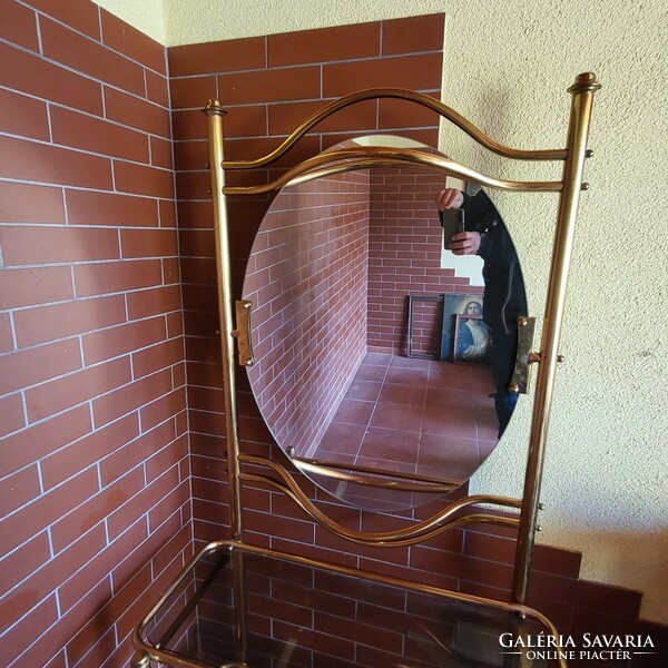 Dressing mirror table with glass shelves and the corresponding chair, copper alloy