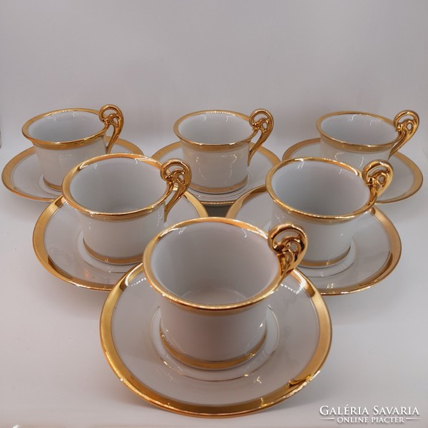 Antik bieder vastagfalú aranyozott porcelán teás csészék aljjal együtt, 6db egyben