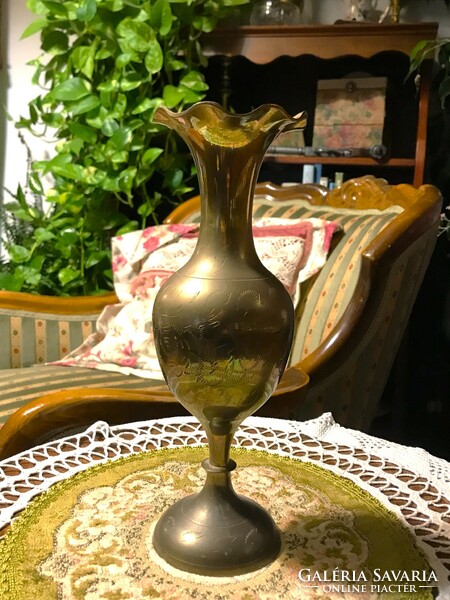 Brass, engraved vase with ruffled edges, elegant, slim design