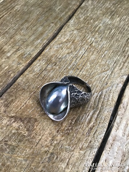 Older, special handcrafted silver ring with a huge mother-of-pearl shell decoration