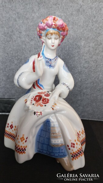 Russian porcelain embroidering female statue in folk costume, hand painted, 24 x 17 x 10 cm