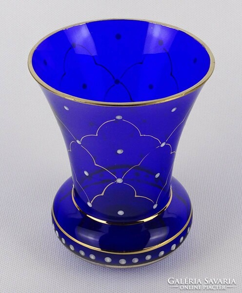 1P756 Aranyozott pöttyözött kék színű parádi üveg váza 13 cm