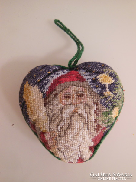 Christmas tree decoration - old - hand embroidered tapestry heart - 8 x 3 cm - German - flawless