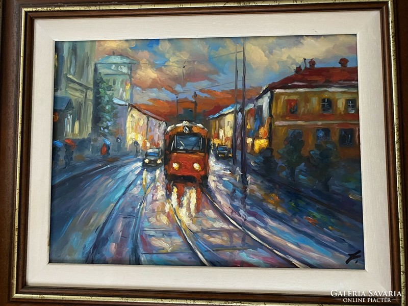 Prague tram - oil in cardboard frame - József Hochmann.