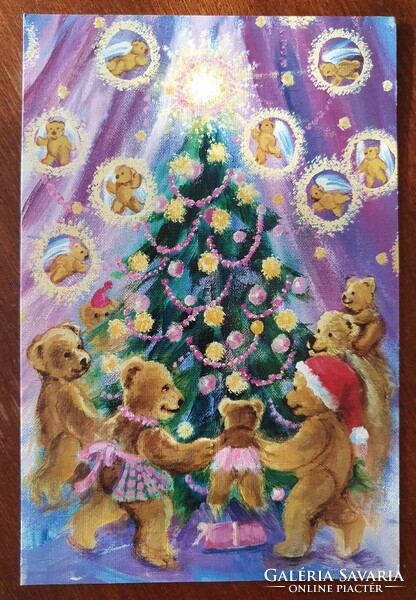 Karácsonyi képeslap postatiszta üdvözlőlap üdvözlőkártya levelezőlap maci karácsonyfa mintával