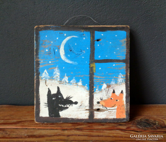 Fox and the wolf, rustic painted decoration - children's room - gift idea - Christmas, animal