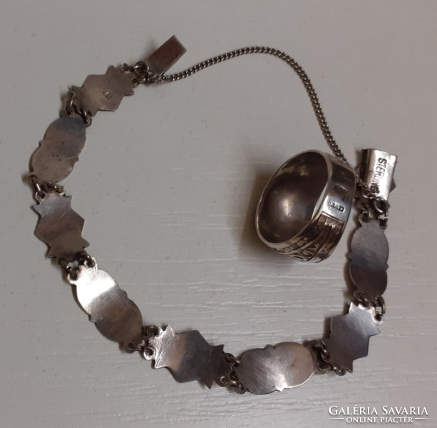 Régi női Tulaezüst karkötő karlánc karperec biztosító lánccal hozzá illő jelzett Tulaezüst  gyűrűvel