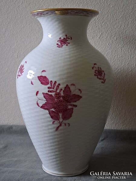 Hibátlan! Herendi Apponyi pur-pur mintás bordázott váza 23,5 cm.!