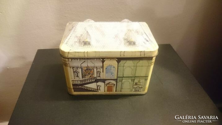 English metal storage box, tea box, baroque castle