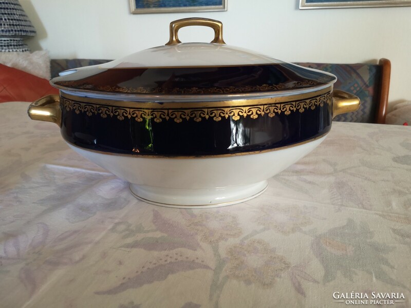 Beautiful antique cobalt/gold oval soup bowl with lid mz austria/altwien
