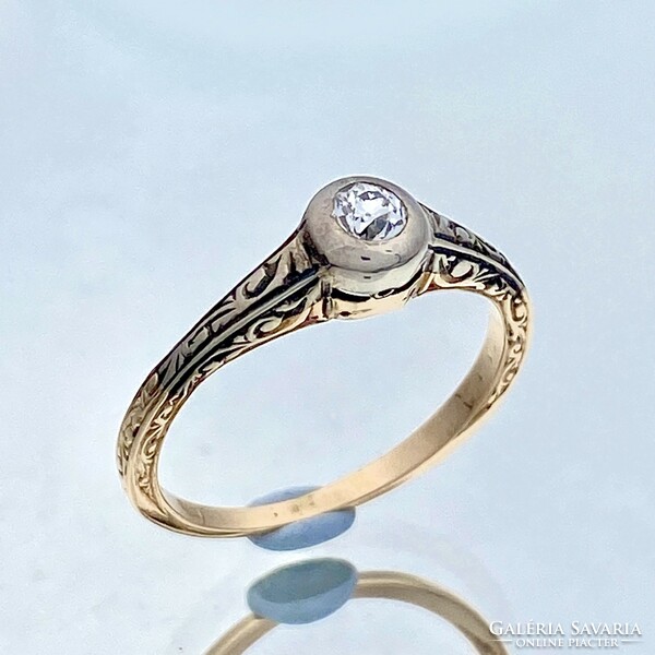 14K antique engraved gold ring with diamonds approx. 0.15 Ct.