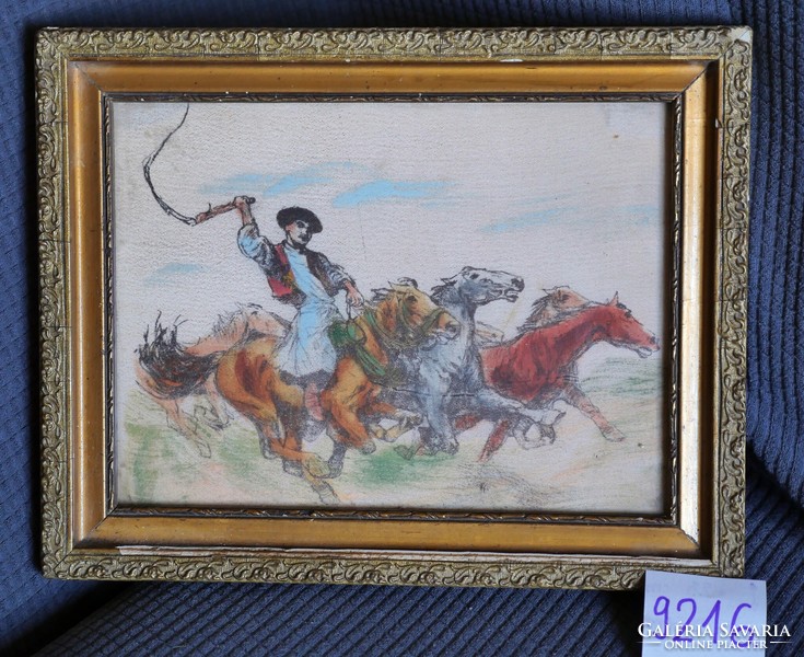 Eladó a képeken látható akvarell üvegezett kerettel, ismeretlen alkotó, csikós lovakkal 23x30 cm