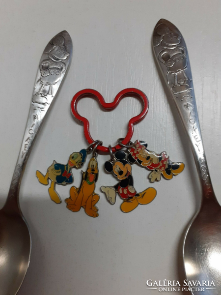 2 silver mickey mouse marked spoons with disney key chain with fire enamel marked figures