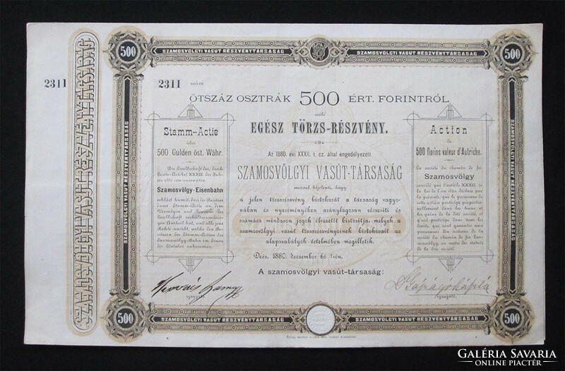 Szamosvölgyi Vasút-Társaság törzsrészvény 500 forint 1880 Deés (ROU)